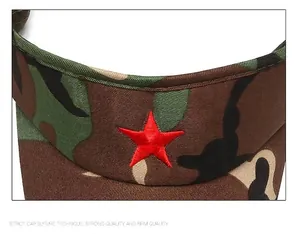 Detail of the high-quality stitching on the camouflage sun visor with red star embroidery
