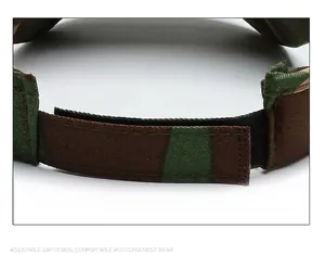Detail showing the adjustable velcro strap on a camouflage outdoor sun hat for kids
