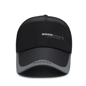 Breathable black and grey color block baseball cap with modern sports print and long brim