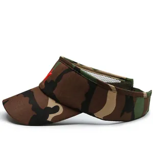 Kids camo sun visor with red logo embroidery, breathable mesh lining for outdoor sports