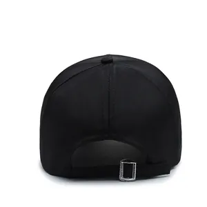 Rear view of a black baseball cap with an adjustable silver metal buckle on plain white background