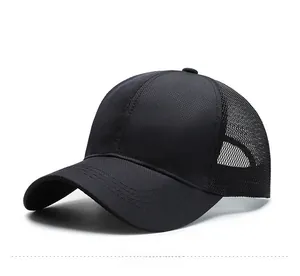 Side view of black breathable mesh baseball cap with detailed fabric stitching