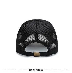 Detail view of the breathable black mesh back and adjustable brass metal buckle on a cap