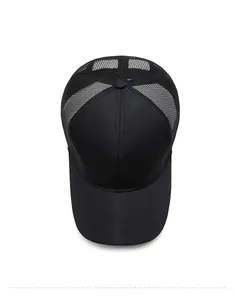 Top view of a breathable black mesh baseball cap with cotton twill panels for outdoor sun protection