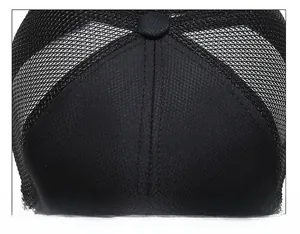 Detailed close-up of the reinforced stitching and breathable mesh on a black baseball cap