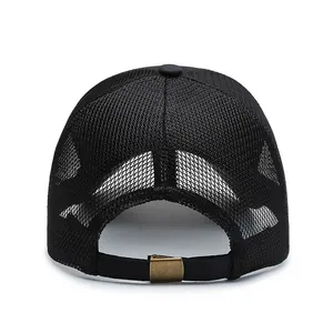 Breathable black mesh baseball cap for men featuring an adjustable metal buckle strap