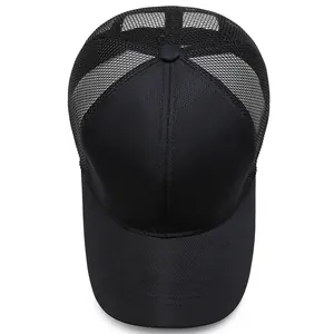 Men's breathable black mesh trucker hat for outdoor sports with a minimalist solid design
