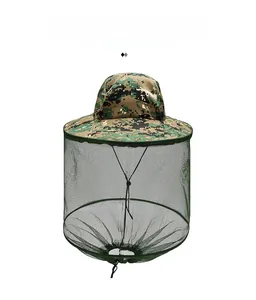 Detail of outdoor sun hat with mosquito net mesh in jungle digital camouflage print