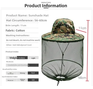 Detail info showing camouflage sun hat with mosquito veil, cotton fabric and size specs