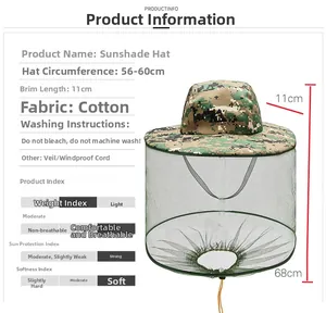 Guide des tailles du chapeau de pêche camouflage avec bord de 11cm et voile moustiquaire