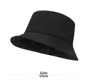 Side view detail of breathable black mesh sun hat with quick-dry fabric texture