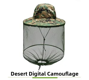 Detail of desert digital camo sun hat with breathable green mesh and adjustable drawstring