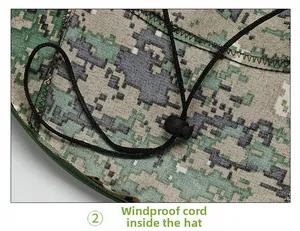 Detail of internal windproof rope design and digital camouflage fabric of outdoor hat