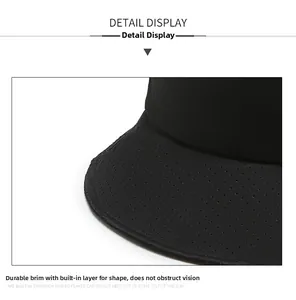 Detail view of the black sun hat featuring a breathable mesh brim and sturdy structured interlayer