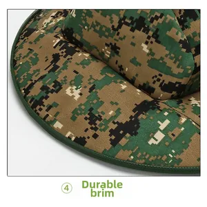Detail of the sturdy brim on a digital camouflage outdoor hat with reinforced stitching