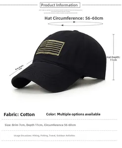 Detailed view of black cotton baseball cap with American flag patch and size specifications