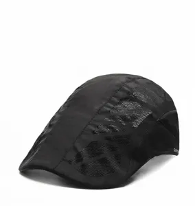 Detail of black breathable mesh paneling and lightweight fabric on summer flat cap