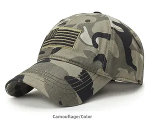 Detail view of military camouflage tactical baseball cap with embroidered flag patch decoration