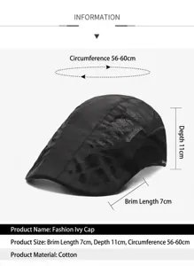 Technical chart of the black mesh newsboy cap showing dimensions and cotton material detail