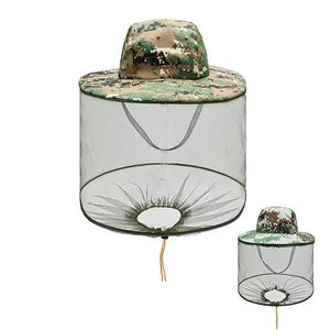 Chapeau Moustiquaire Camouflage Extérieur Avec Voile en Maille Protection Solaire Chapeau de Pêche Randonnée pour Homme Femme Large Bord Réglable