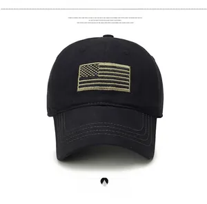 Front view of black cotton baseball cap with embroidered American flag patch detail