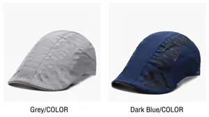 Detail view of breathable mesh side panels on grey and navy blue summer caps
