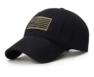 Side view of a black baseball cap with olive green embroidered US flag design