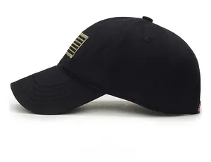 Detail view of cotton baseball cap with golden stripe embroidery and side logo patch