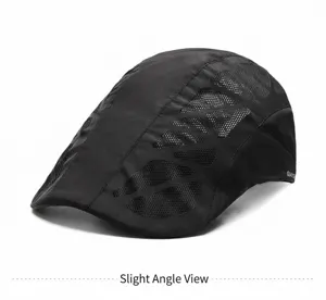 Side view detail of breathable mesh panels on a black lightweight summer ivy cap for men