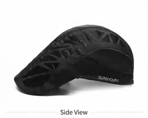 Detailed side view of black breathable mesh beret cap with white text for outdoor sun protection