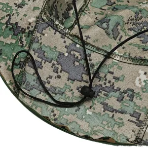 Digital camo boonie hat for outdoor hiking featuring adjustable windproof chin strap