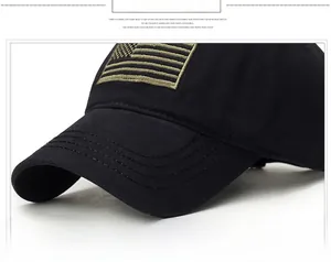 Close-up of durable black baseball cap brim with embroidered American flag patch
