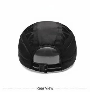 Rear view of black mesh beret showing breathable fabric and adjustable plastic buckle