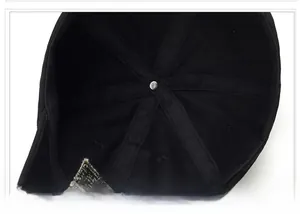 Detailed interior of a black cotton baseball cap showing cross-stitching and metal rivet