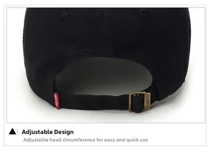 Detail view of cotton baseball cap with adjustable strap and vintage metal buckle closure