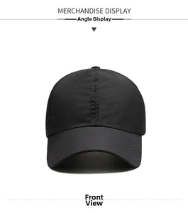 Front view detail of black quick-dry mesh baseball cap with breathable laser-cut ventilation