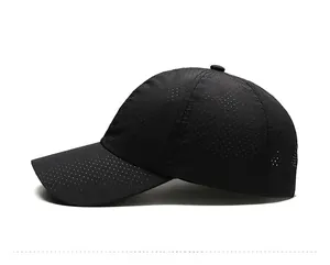 Side view of black quick-dry sports cap featuring full-body breathable mesh holes