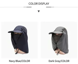 Dettaglio di cappelli da sole in blu navy e grigio scuro con maschera e protezione collo