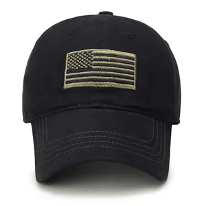 Front view of black tactical baseball cap with olive green US flag embroidery on white background