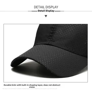 Detail view of black breathable mesh baseball cap with sturdy visor and inner lining