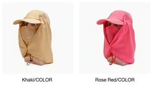 Dettaglio di cappelli per protezione solare khaki e rosa con protezioni per il collo