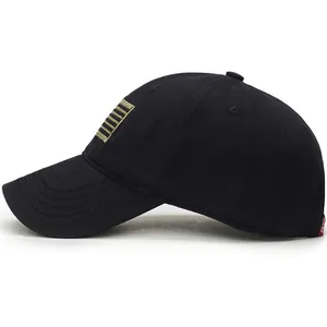 Classic black cotton baseball cap with four golden stripes and curved brim on white background