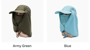 Dettaglio cappelli parasole verde militare e blu con maschera a rete e coprinuca