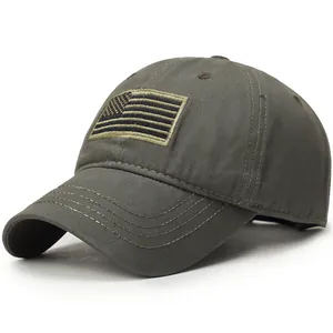 Tactical olive green baseball cap featuring embroidered US flag in cotton twill fabric