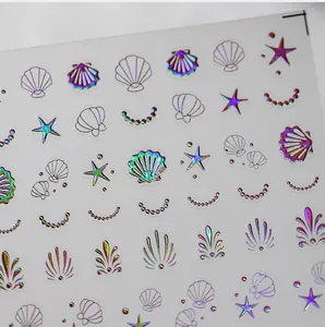 Macro d'autocollants pour ongles holographiques 3D avec motifs de coquillages et étoiles d'or