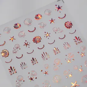 Autocollants à Ongles Relief 3D Holographique Océan Or Rose Laser Marquage à Chaud Coquillage Étoile de Mer Chaîne de Künstliche Perles Stickers Nail Art
