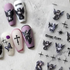 Pegatinas 3D góticas con relieve para uñas con elfos oscuros, cruces y mariposas