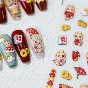 3D Chinese Nieuwjaar nagelstickers met draken en gouden gelukssymbolen voor nail art
