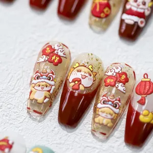 3D reliëf nagelstickers Chinees Nieuwjaar met cartoon draak en goudfolie decoratie patronen