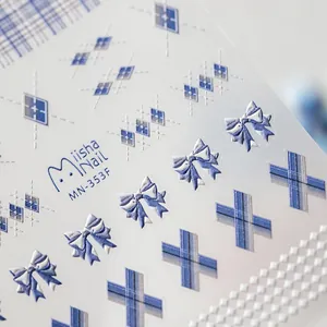 Pegatinas 5D para uñas con relieve de cuadros escoceses azules y diseños de lazos MN-353F